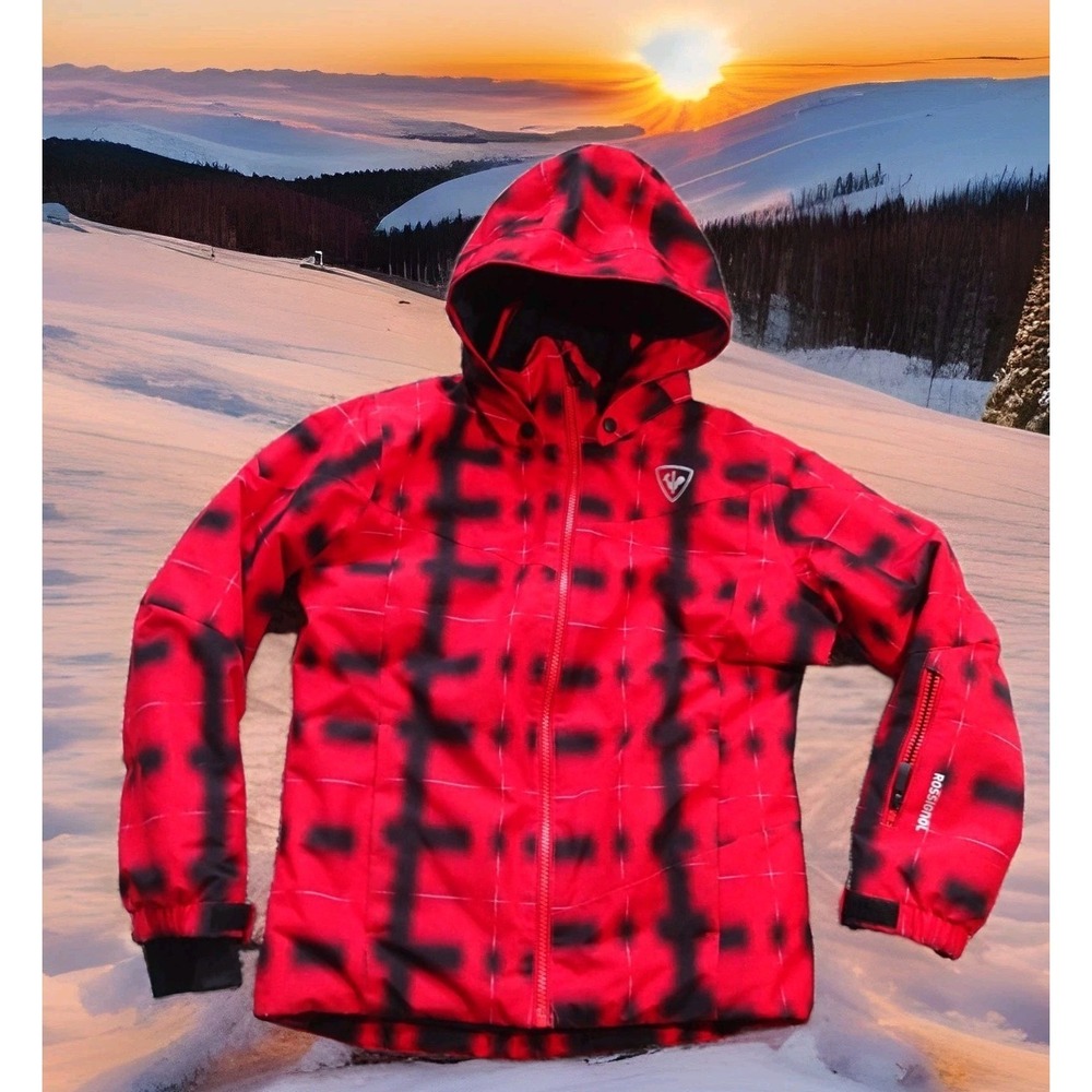 Rossignol Ski Jacket‎ Boys Size 12 Red Black Good Hooded Piste Graphic Print